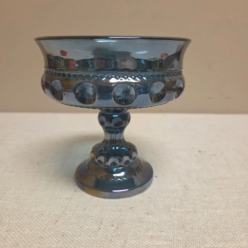 Indiana Blue Carnival Glass Kings Crown Thumbprint Pedestal Compote Candy Dish